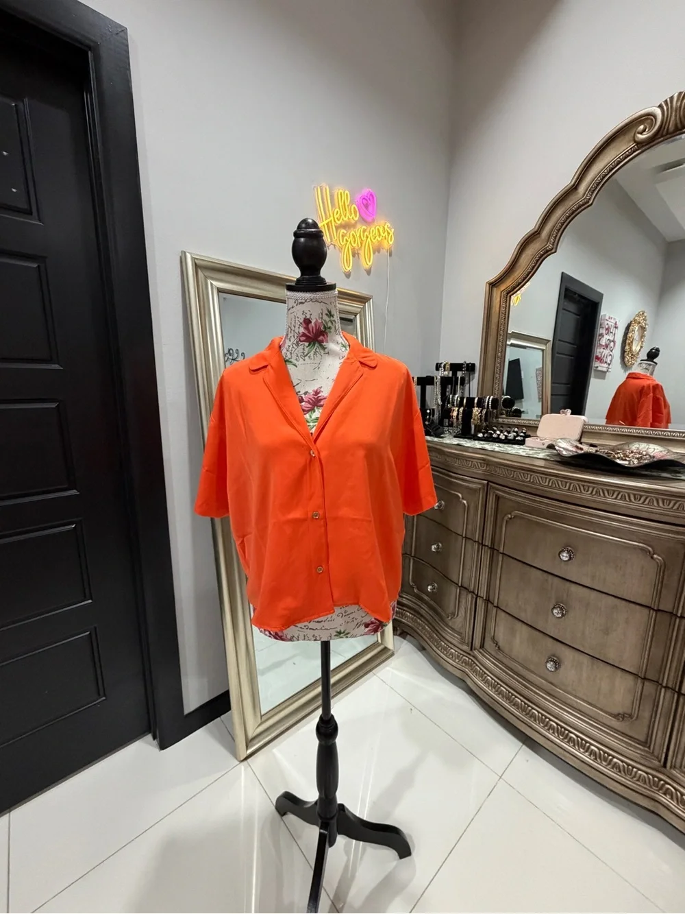 Michael Kors Vibrant Orange Short-Sleeve Button-Down Blouse